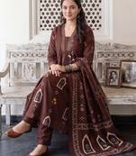 Brown printed pure cotton kurta trouser dupatta set