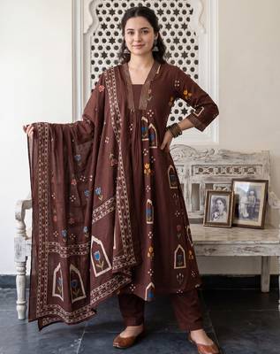 Brown printed pure cotton kurta trouser dupatta set 2