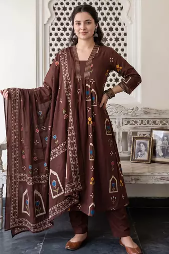 Brown printed pure cotton kurta trouser dupatta set