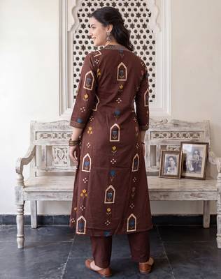 Brown printed pure cotton kurta trouser dupatta set 3