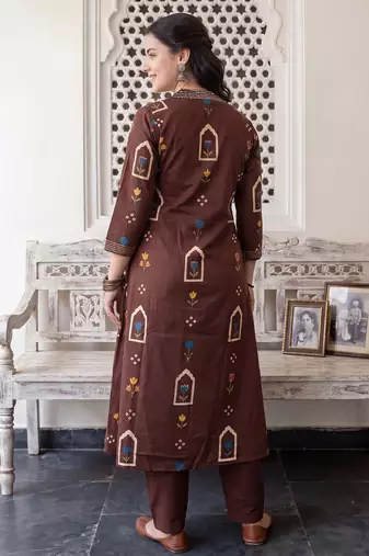 Brown printed pure cotton kurta trouser dupatta set