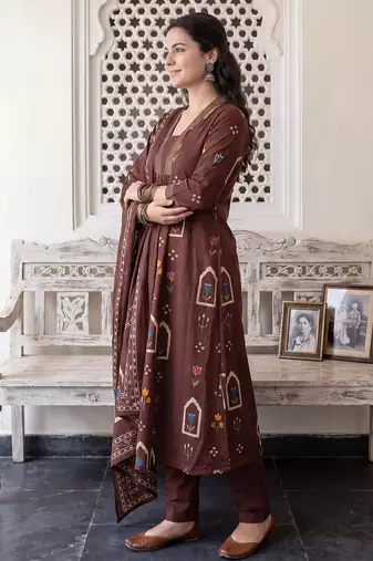 Brown printed pure cotton kurta trouser dupatta set