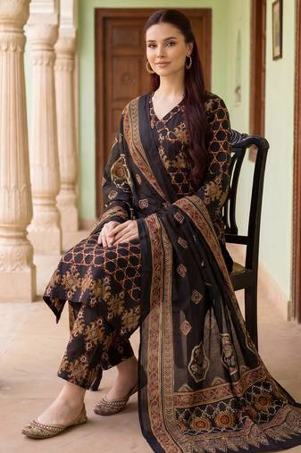 Black printed pure cotton kurta trouser dupatta set