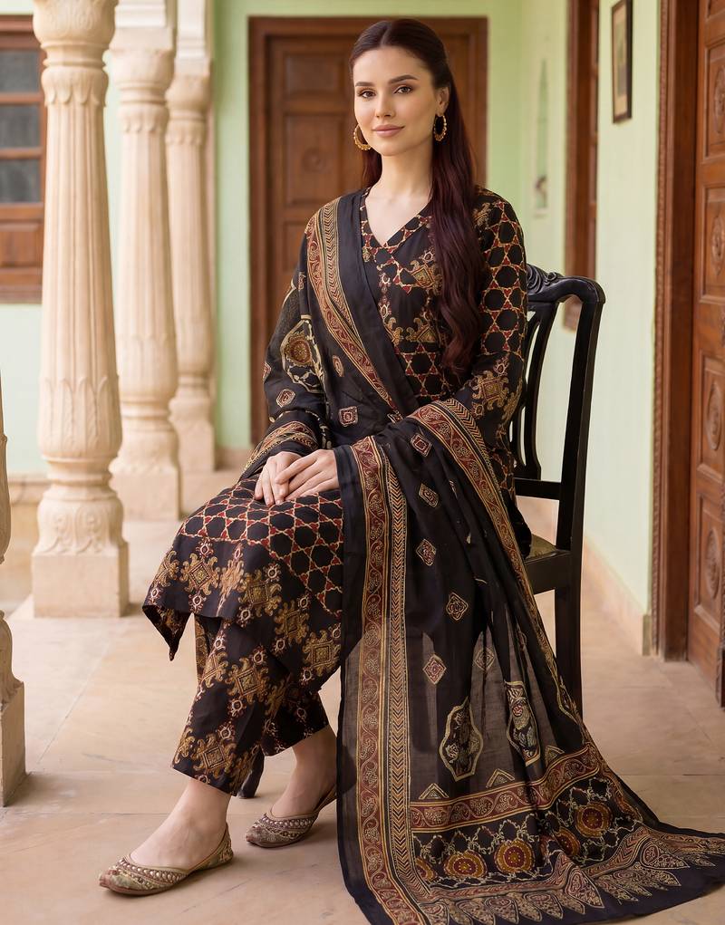 Black printed pure cotton kurta trouser dupatta set
