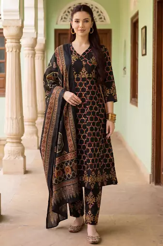 Black printed pure cotton kurta trouser dupatta set