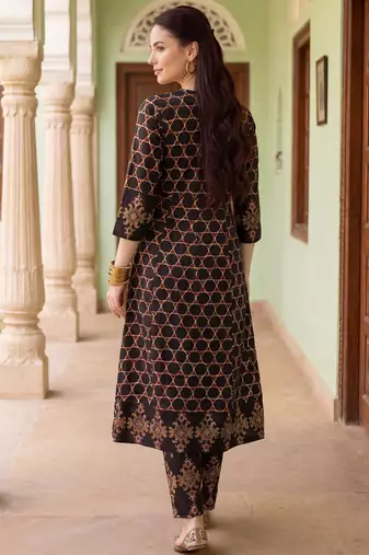 Black printed pure cotton kurta trouser dupatta set