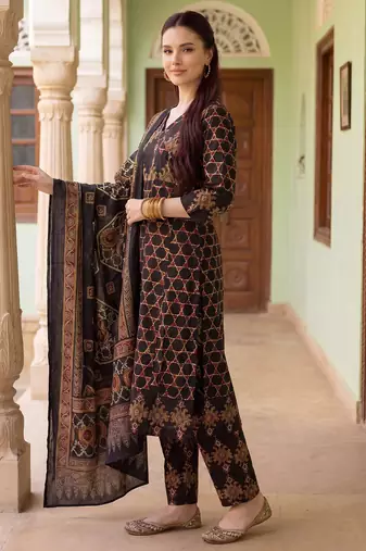 Black printed pure cotton kurta trouser dupatta set