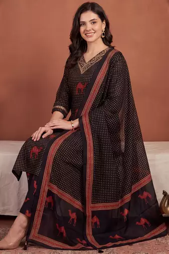 Black printed pure cotton kurta trouser dupatta set