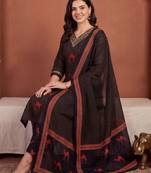 Black printed pure cotton kurta trouser dupatta set