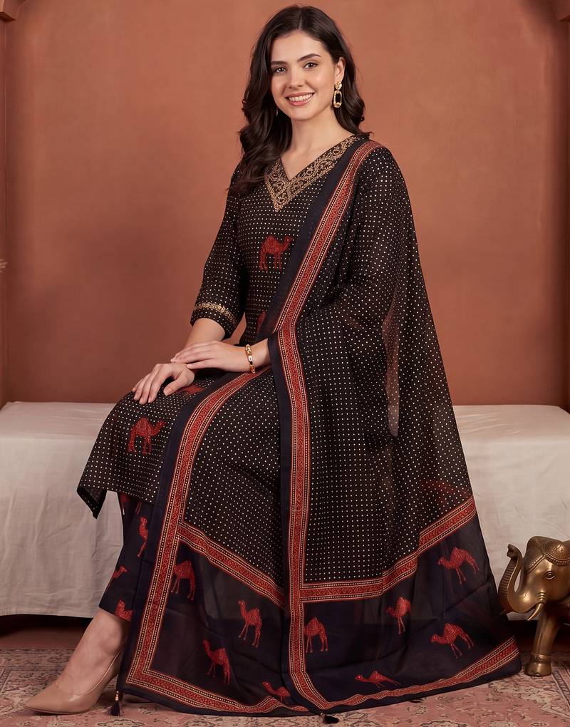 Black printed pure cotton kurta trouser dupatta set