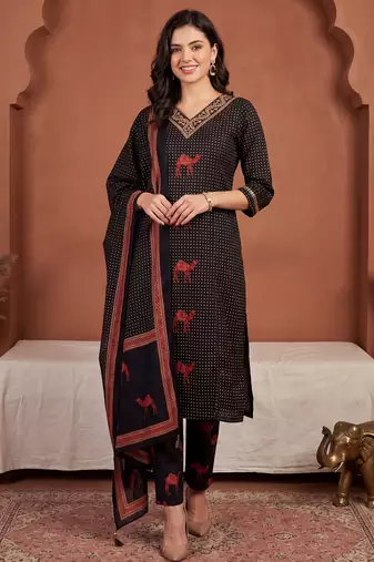 Black printed pure cotton kurta trouser dupatta set