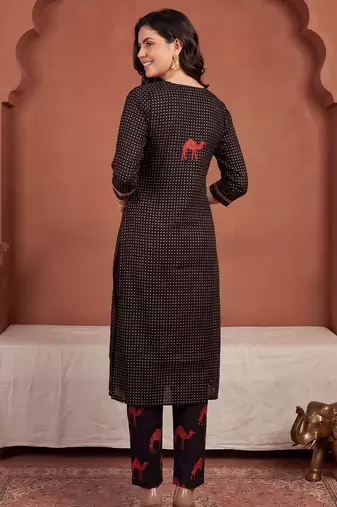 Black printed pure cotton kurta trouser dupatta set