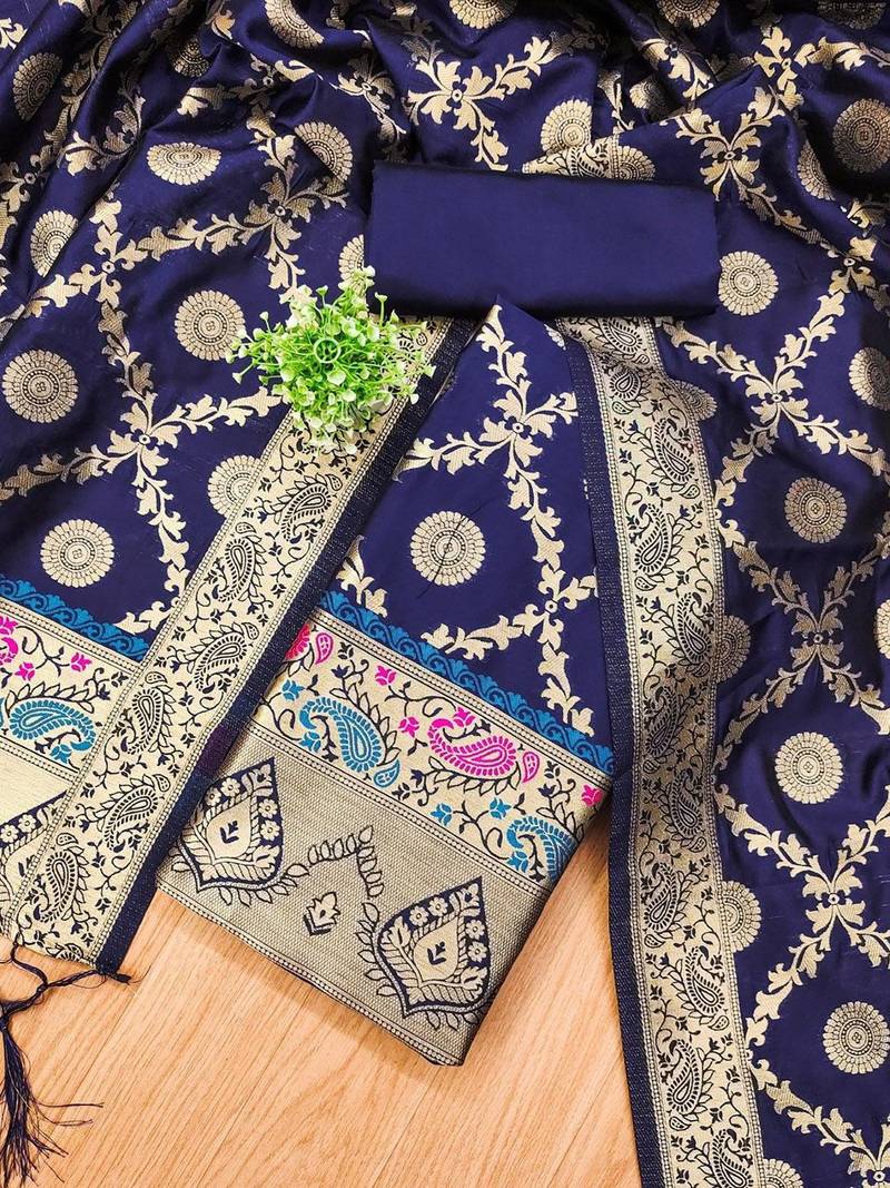 Ethnic Motifs Woven Design Zari Unstitched Dress Material