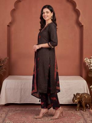 Black printed pure cotton kurta trouser dupatta set 4