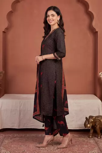 Black printed pure cotton kurta trouser dupatta set