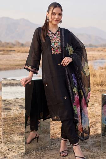 Black printed silk blend kurta trouser dupatta set