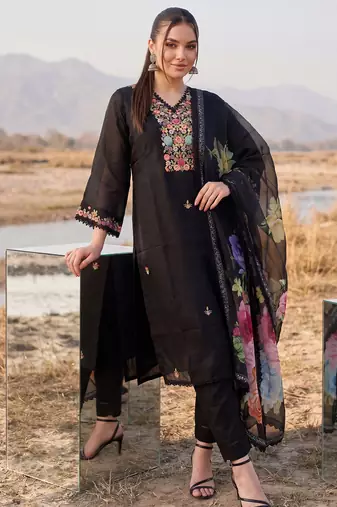 Black printed silk blend kurta trouser dupatta set