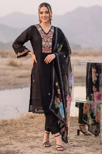 Black printed silk blend kurta trouser dupatta set