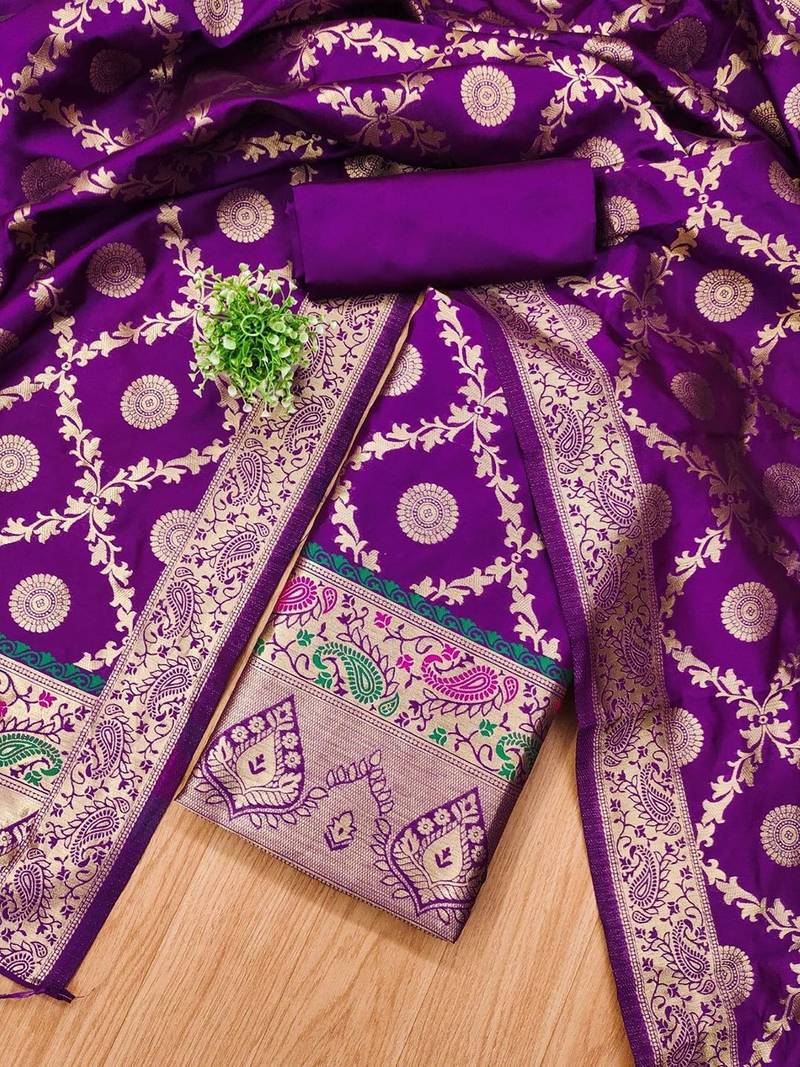 Ethnic Motifs Woven Design Zari Banarasi Silk Unstitched Dress Material