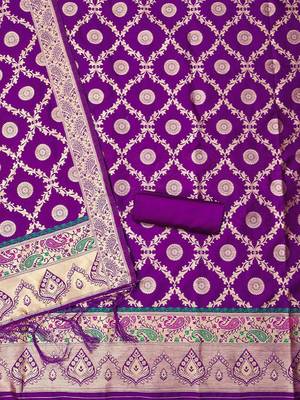 ethnic motifs woven design zari banarasi silk unstitched dress material 3