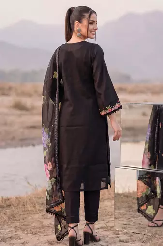 Black printed silk blend kurta trouser dupatta set