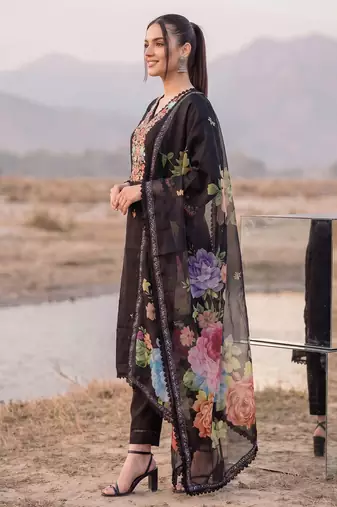 Black printed silk blend kurta trouser dupatta set