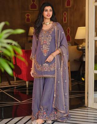 Purple embroidered silk blend kurta trouser dupatta set 1