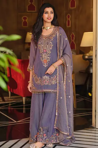 Purple embroidered silk blend kurta trouser dupatta set