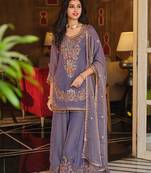 Purple embroidered silk blend kurta trouser dupatta set