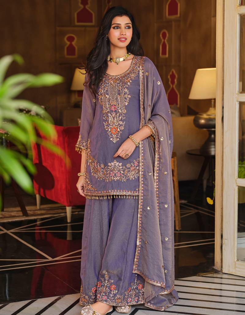 Purple embroidered silk blend kurta trouser dupatta set
