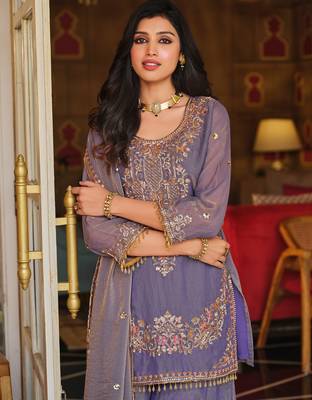 Purple embroidered silk blend kurta trouser dupatta set 2