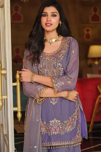 Purple embroidered silk blend kurta trouser dupatta set