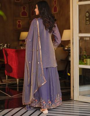 Purple embroidered silk blend kurta trouser dupatta set 3