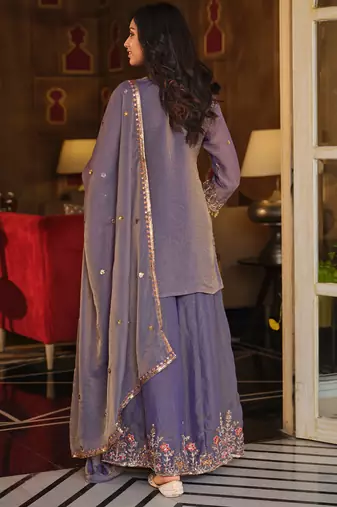Purple embroidered silk blend kurta trouser dupatta set