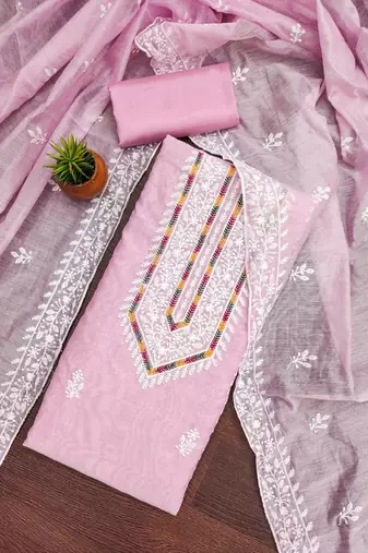 floral lucknowi embroidered cotton unstitched dress material
