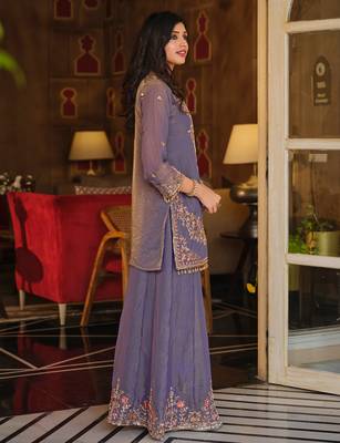 Purple embroidered silk blend kurta trouser dupatta set 4