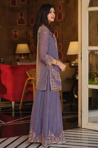 Purple embroidered silk blend kurta trouser dupatta set