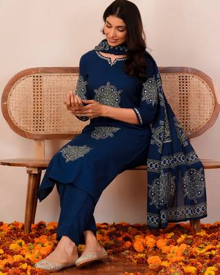 Blue printed pure cotton kurta trouser dupatta set 1