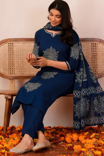 Blue printed pure cotton kurta trouser dupatta set