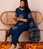 Blue printed pure cotton kurta trouser dupatta set