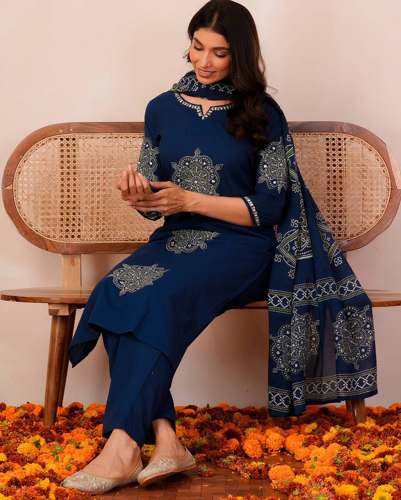 Blue printed pure cotton kurta trouser dupatta set