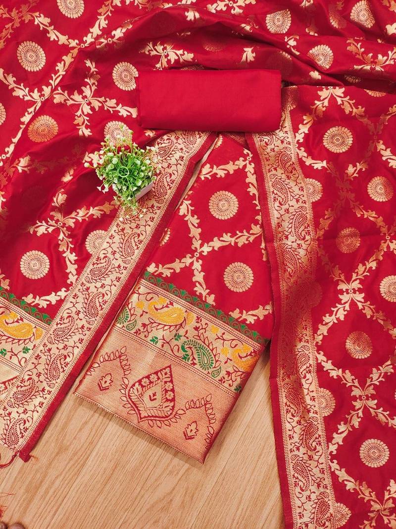 Ethnic Motifs Woven Design Zari Unstitched Dress Material