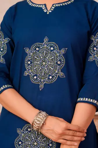 Blue printed pure cotton kurta trouser dupatta set