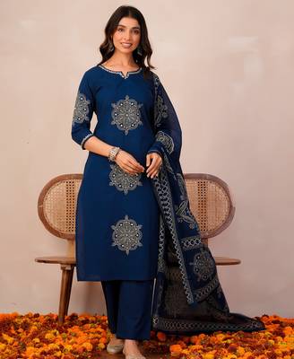 Blue printed pure cotton kurta trouser dupatta set 3