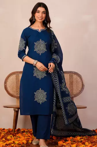 Blue printed pure cotton kurta trouser dupatta set