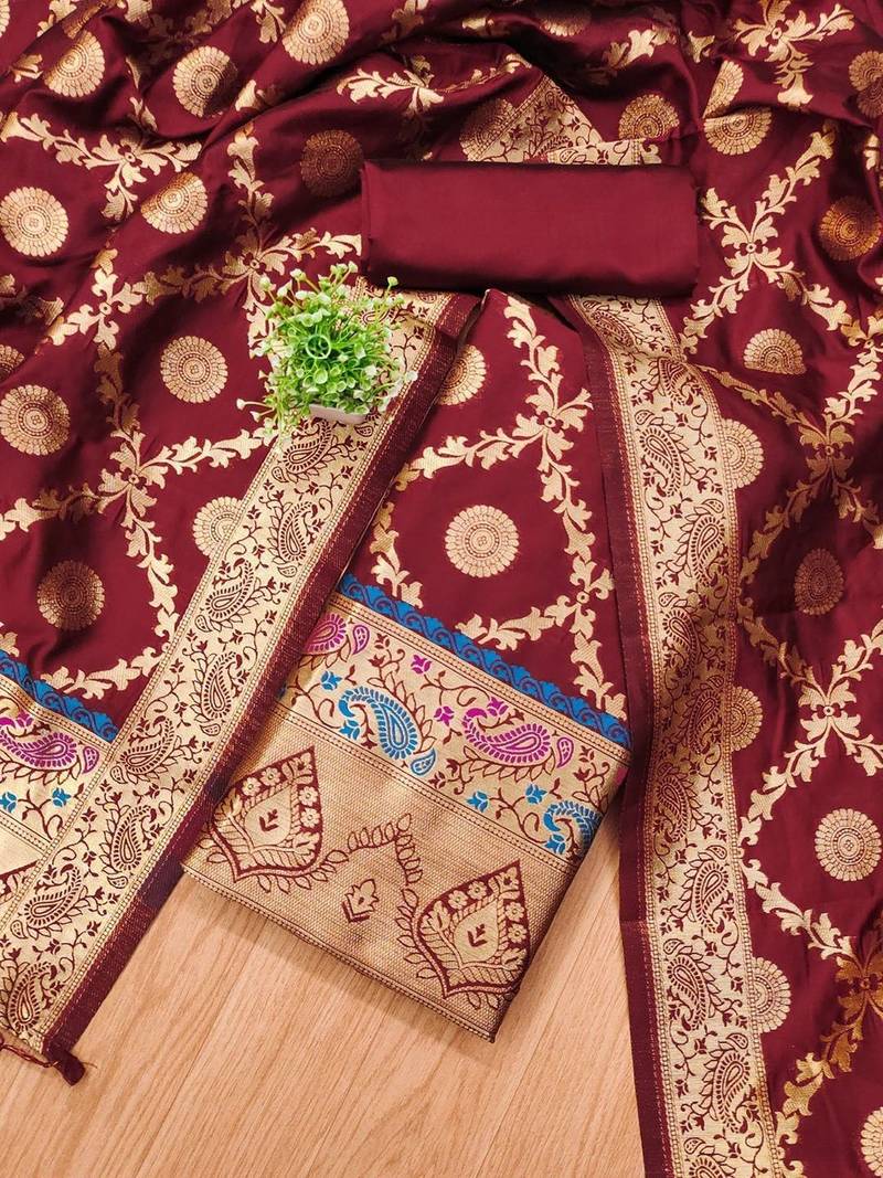 Ethnic Motifs Woven Design Banarasi Silk Zari Unstitched Dress Material