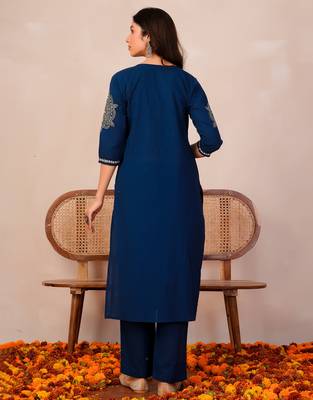 Blue printed pure cotton kurta trouser dupatta set 4