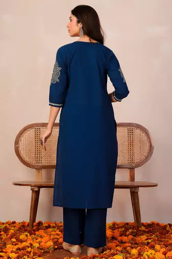 Blue printed pure cotton kurta trouser dupatta set