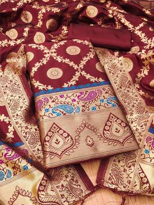 ethnic motifs woven design banarasi silk zari unstitched dress material 2