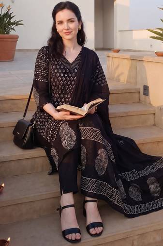 Black printed pure cotton kurta trouser dupatta set